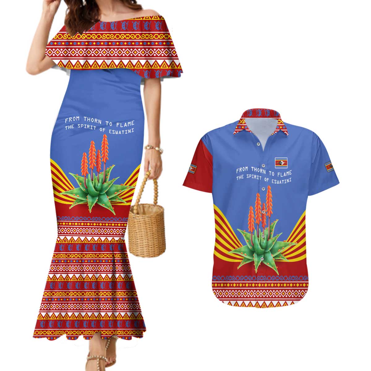 Eswatini Aloe Vera Couples Matching Mermaid Dress and Hawaiian Shirt with Flag Print and Cultural Motif From Thorn to Flame