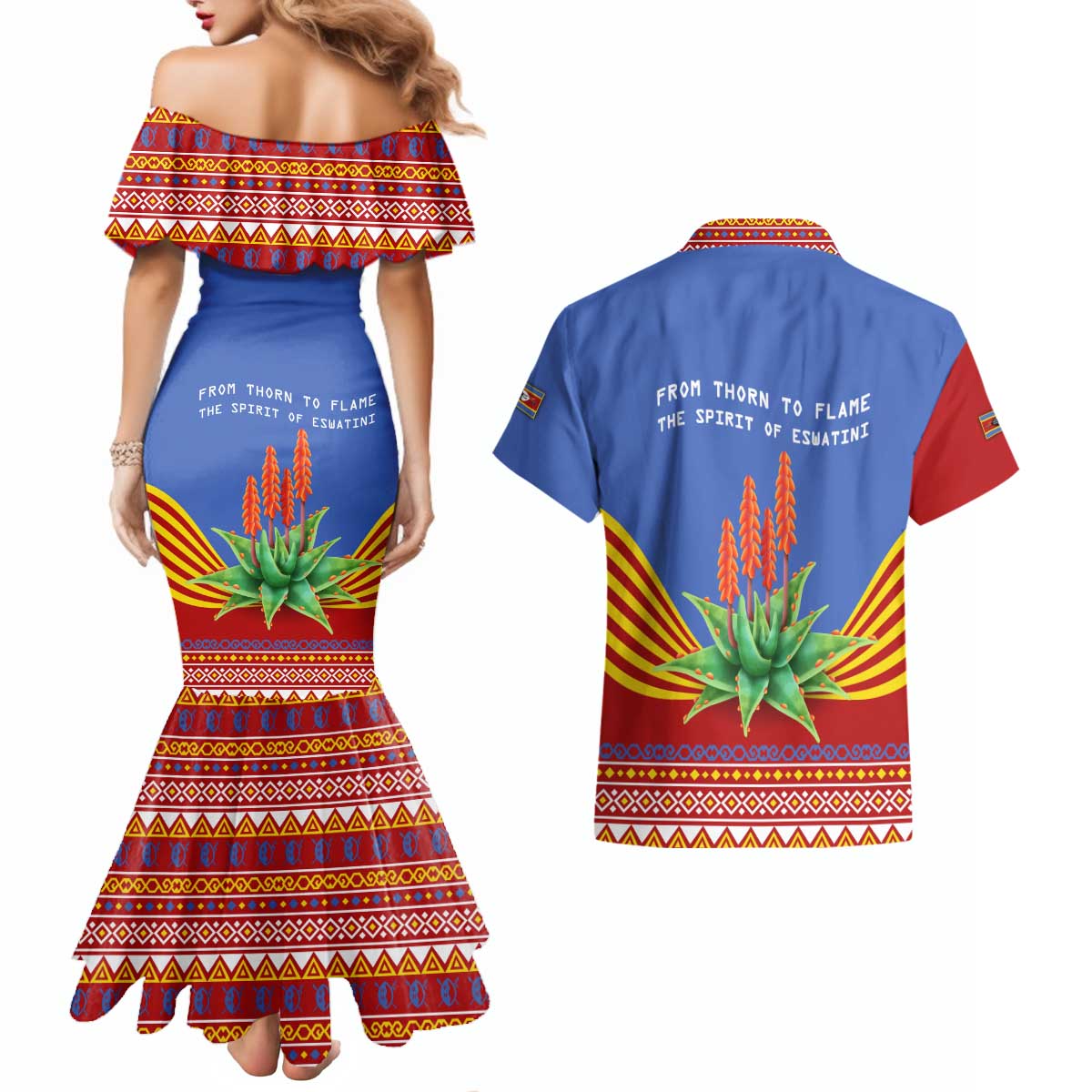 Eswatini Aloe Vera Couples Matching Mermaid Dress and Hawaiian Shirt with Flag Print and Cultural Motif From Thorn to Flame
