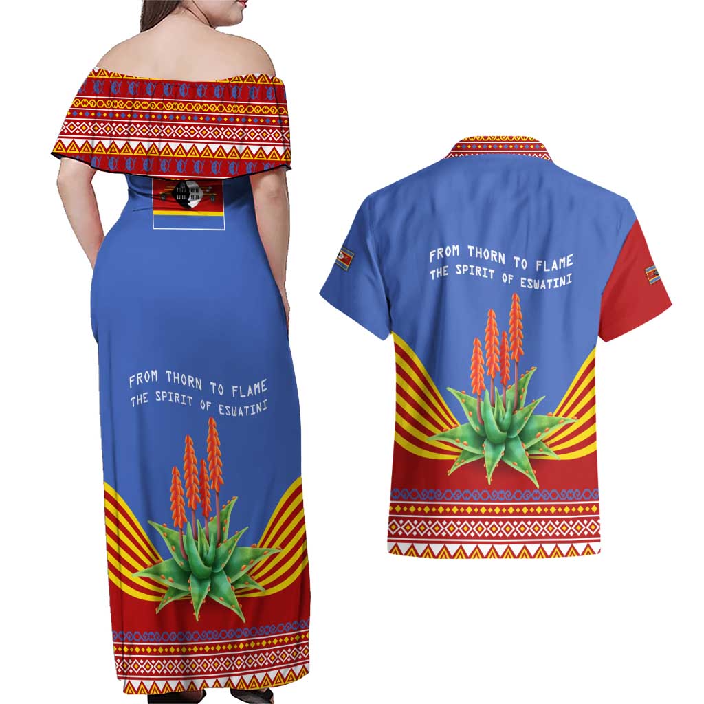Eswatini Aloe Vera Couples Matching Off Shoulder Maxi Dress and Hawaiian Shirt with Flag Print and Cultural Motif From Thorn to Flame
