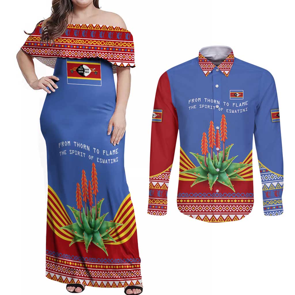 Eswatini Aloe Vera Couples Matching Off Shoulder Maxi Dress and Long Sleeve Button Shirt with Flag Print and Cultural Motif From Thorn to Flame