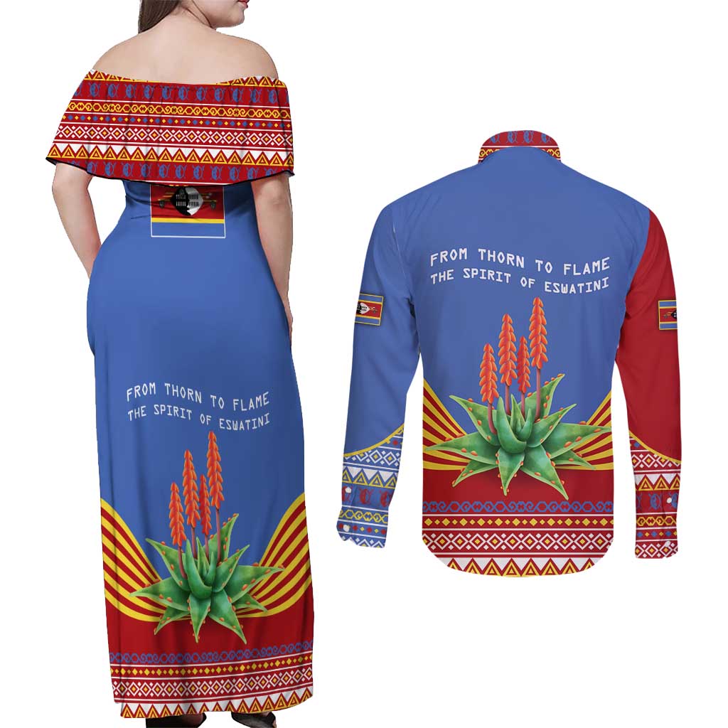 Eswatini Aloe Vera Couples Matching Off Shoulder Maxi Dress and Long Sleeve Button Shirt with Flag Print and Cultural Motif From Thorn to Flame