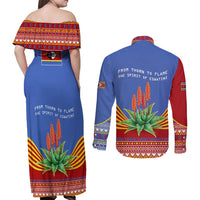 Eswatini Aloe Vera Couples Matching Off Shoulder Maxi Dress and Long Sleeve Button Shirt with Flag Print and Cultural Motif From Thorn to Flame