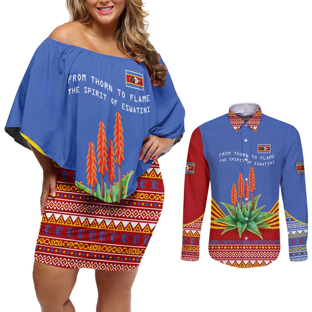 Eswatini Aloe Vera Couples Matching Off Shoulder Short Dress and Long Sleeve Button Shirt with Flag Print and Cultural Motif From Thorn to Flame