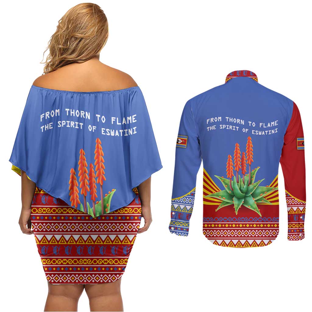 Eswatini Aloe Vera Couples Matching Off Shoulder Short Dress and Long Sleeve Button Shirt with Flag Print and Cultural Motif From Thorn to Flame