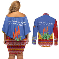 Eswatini Aloe Vera Couples Matching Off Shoulder Short Dress and Long Sleeve Button Shirt with Flag Print and Cultural Motif From Thorn to Flame