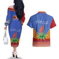 Eswatini Aloe Vera Couples Matching Off The Shoulder Long Sleeve Dress and Hawaiian Shirt with Flag Print and Cultural Motif From Thorn to Flame