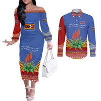 Eswatini Aloe Vera Couples Matching Off The Shoulder Long Sleeve Dress and Long Sleeve Button Shirt with Flag Print and Cultural Motif From Thorn to Flame