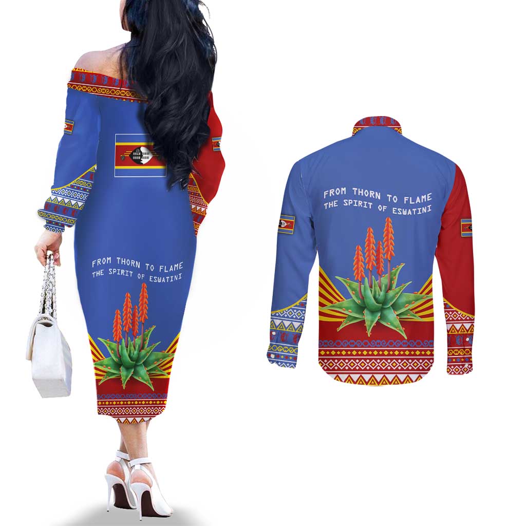 Eswatini Aloe Vera Couples Matching Off The Shoulder Long Sleeve Dress and Long Sleeve Button Shirt with Flag Print and Cultural Motif From Thorn to Flame