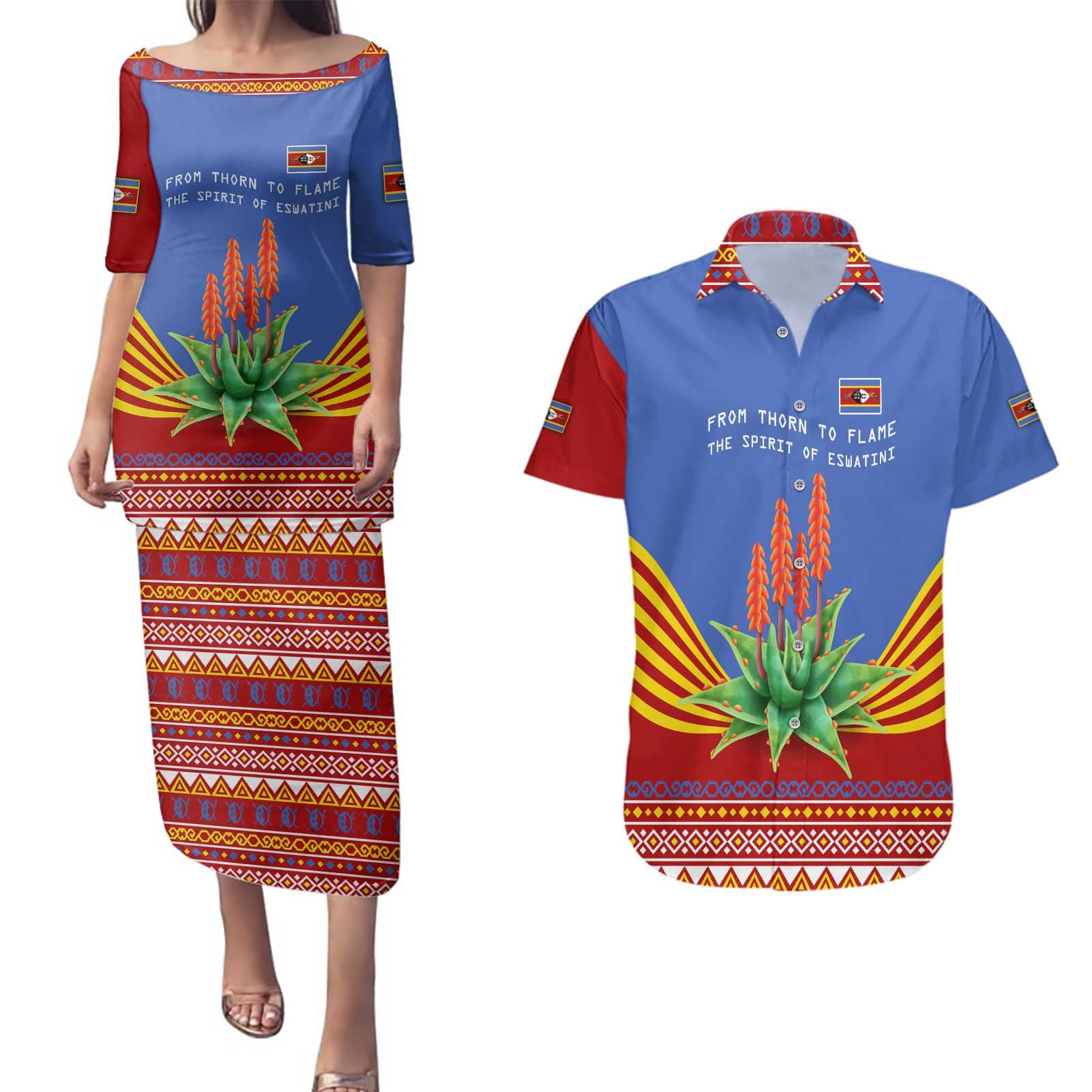Eswatini Aloe Vera Couples Matching Puletasi and Hawaiian Shirt with Flag Print and Cultural Motif From Thorn to Flame