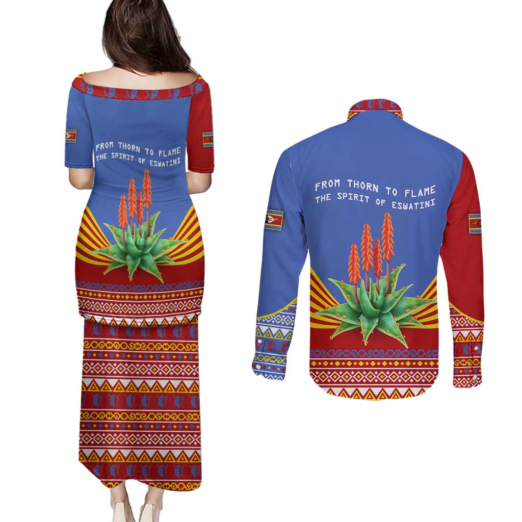 Eswatini Aloe Vera Couples Matching Puletasi and Long Sleeve Button Shirt with Flag Print and Cultural Motif From Thorn to Flame