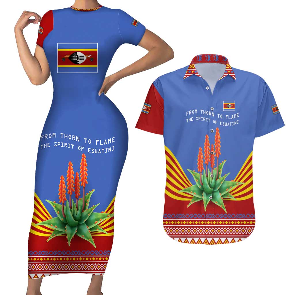 Eswatini Aloe Vera Couples Matching Short Sleeve Bodycon Dress and Hawaiian Shirt with Flag Print and Cultural Motif From Thorn to Flame