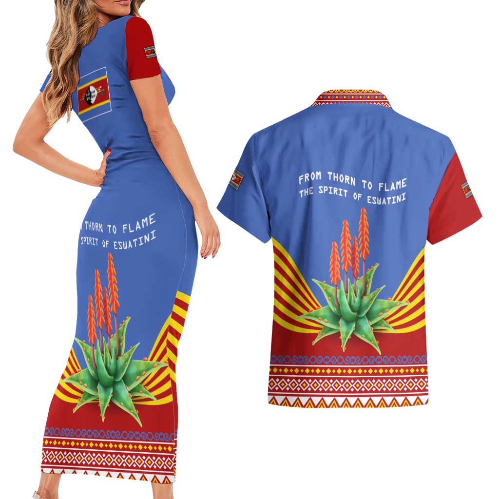 Eswatini Aloe Vera Couples Matching Short Sleeve Bodycon Dress and Hawaiian Shirt with Flag Print and Cultural Motif From Thorn to Flame