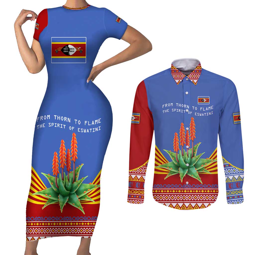 Eswatini Aloe Vera Couples Matching Short Sleeve Bodycon Dress and Long Sleeve Button Shirt with Flag Print and Cultural Motif From Thorn to Flame
