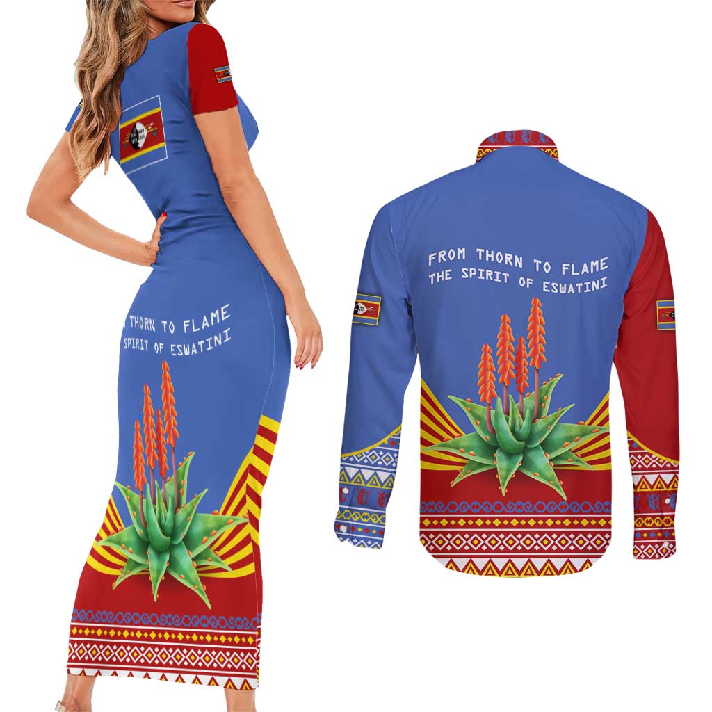 Eswatini Aloe Vera Couples Matching Short Sleeve Bodycon Dress and Long Sleeve Button Shirt with Flag Print and Cultural Motif From Thorn to Flame