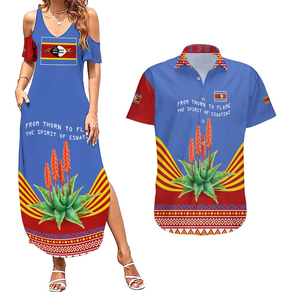 Eswatini Aloe Vera Couples Matching Summer Maxi Dress and Hawaiian Shirt with Flag Print and Cultural Motif From Thorn to Flame