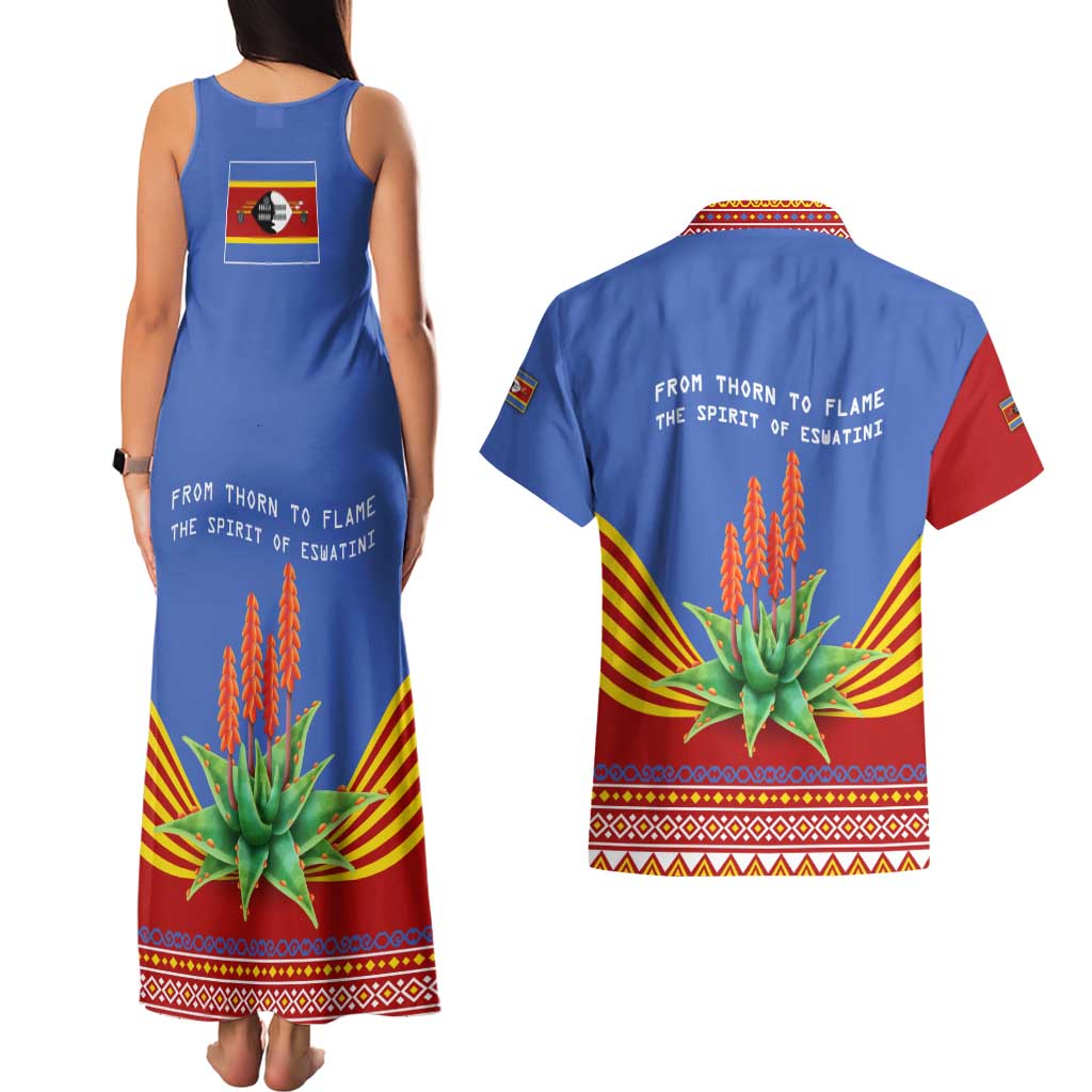 Eswatini Aloe Vera Couples Matching Tank Maxi Dress and Hawaiian Shirt with Flag Print and Cultural Motif From Thorn to Flame