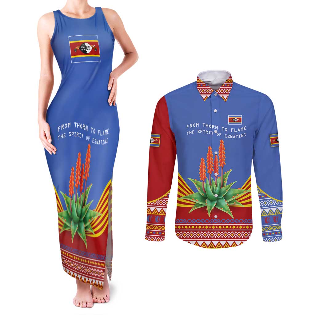 Eswatini Aloe Vera Couples Matching Tank Maxi Dress and Long Sleeve Button Shirt with Flag Print and Cultural Motif From Thorn to Flame