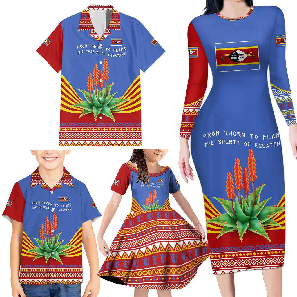 Eswatini Aloe Vera Family Matching Long Sleeve Bodycon Dress and Hawaiian Shirt with Flag Print and Cultural Motif From Thorn to Flame