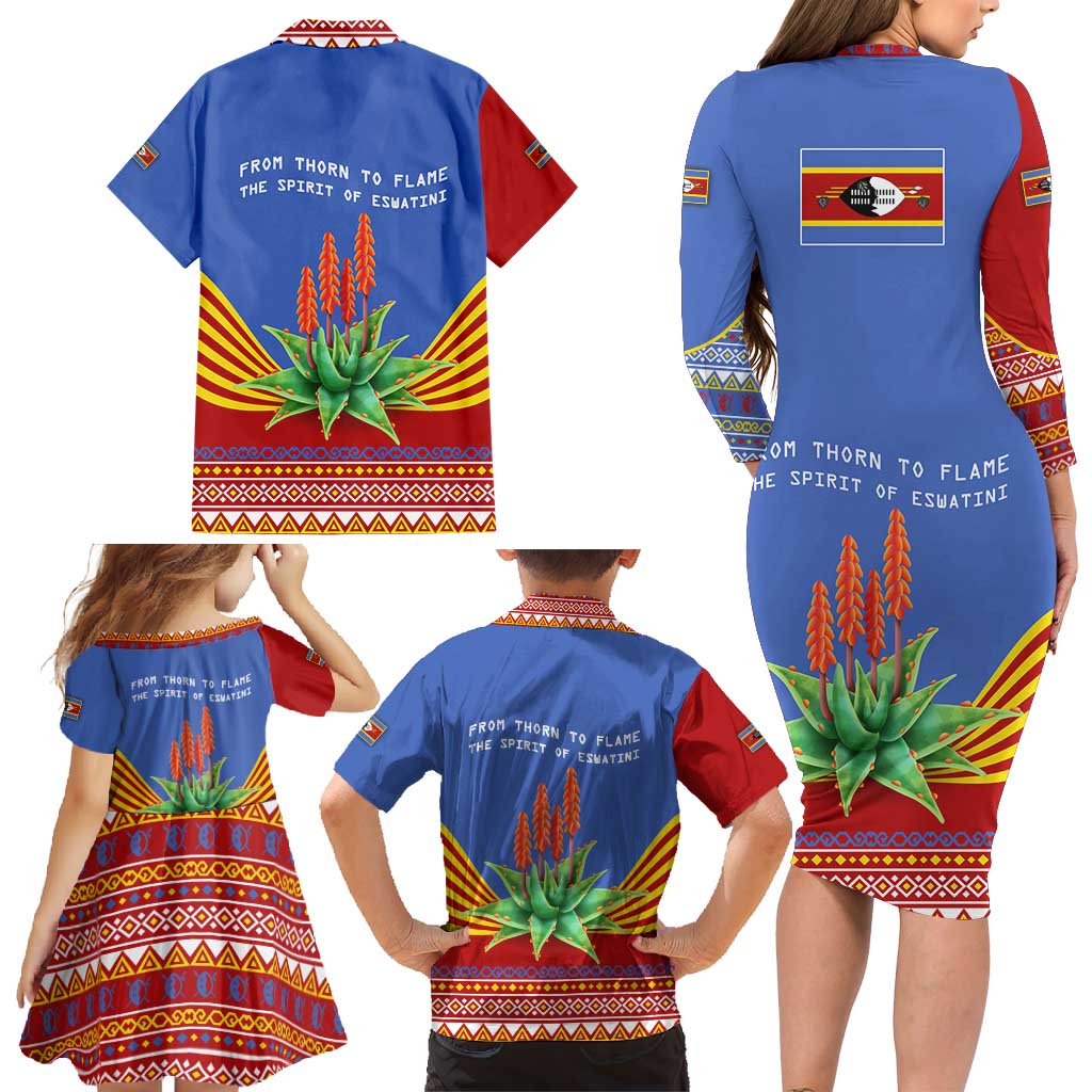 Eswatini Aloe Vera Family Matching Long Sleeve Bodycon Dress and Hawaiian Shirt with Flag Print and Cultural Motif From Thorn to Flame