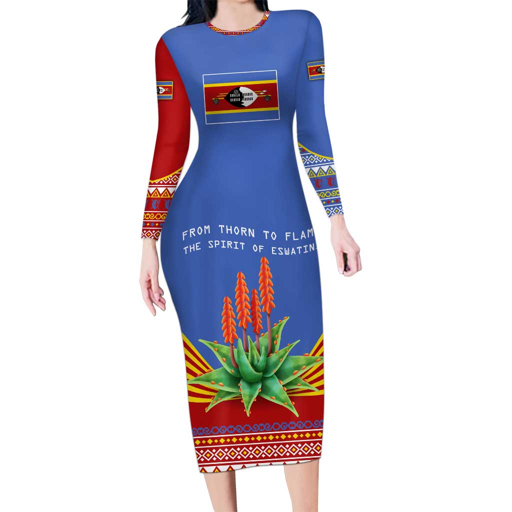 Eswatini Aloe Vera Family Matching Long Sleeve Bodycon Dress and Hawaiian Shirt with Flag Print and Cultural Motif From Thorn to Flame