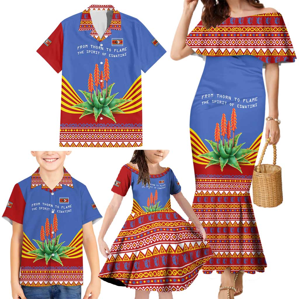 Eswatini Aloe Vera Family Matching Mermaid Dress and Hawaiian Shirt with Flag Print and Cultural Motif From Thorn to Flame