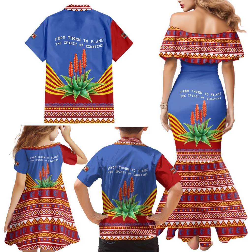Eswatini Aloe Vera Family Matching Mermaid Dress and Hawaiian Shirt with Flag Print and Cultural Motif From Thorn to Flame
