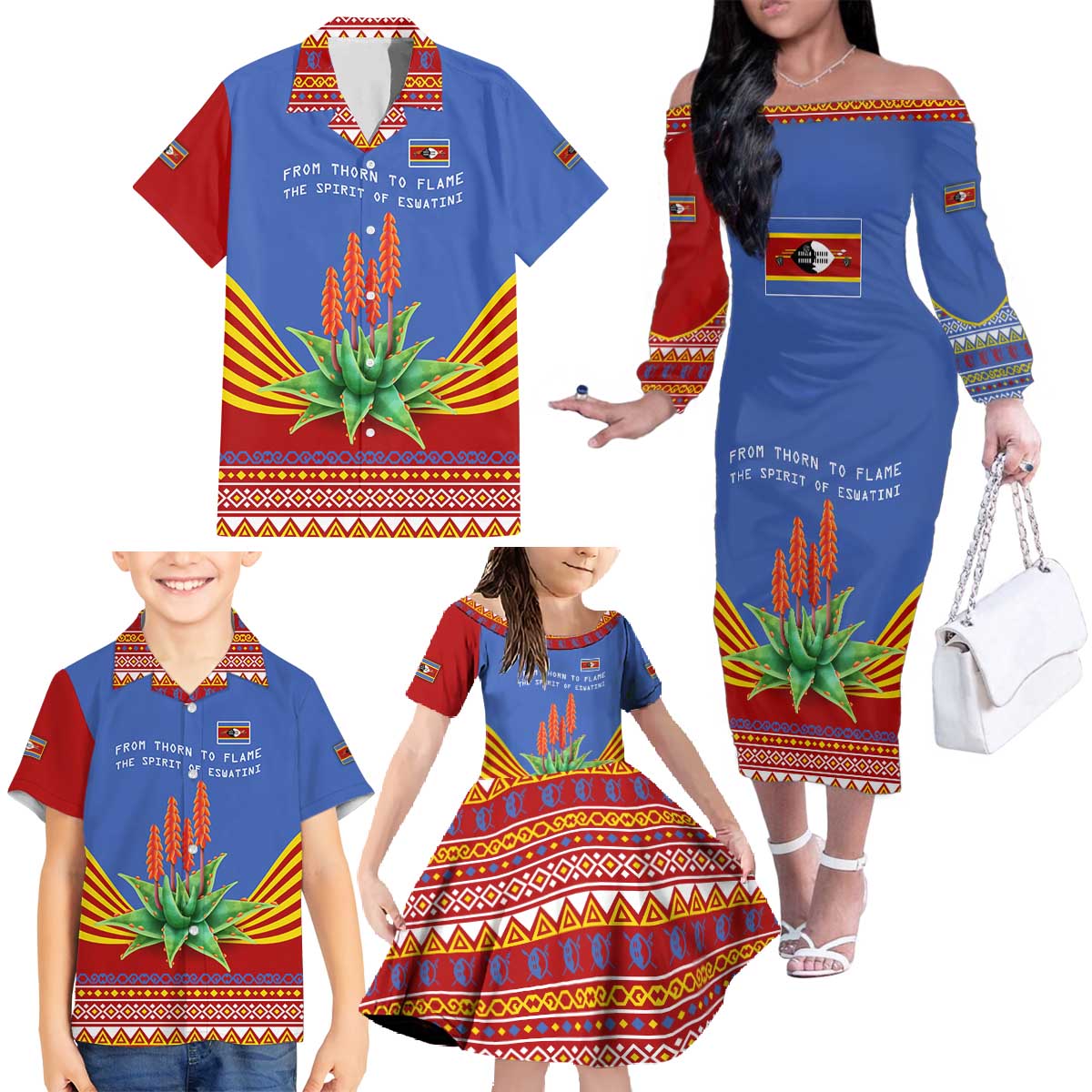 Eswatini Aloe Vera Family Matching Off The Shoulder Long Sleeve Dress and Hawaiian Shirt with Flag Print and Cultural Motif From Thorn to Flame