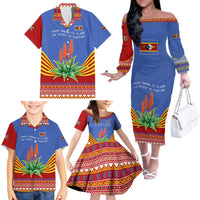 Eswatini Aloe Vera Family Matching Off The Shoulder Long Sleeve Dress and Hawaiian Shirt with Flag Print and Cultural Motif From Thorn to Flame
