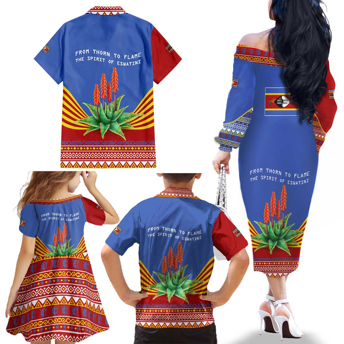 Eswatini Aloe Vera Family Matching Off The Shoulder Long Sleeve Dress and Hawaiian Shirt with Flag Print and Cultural Motif From Thorn to Flame