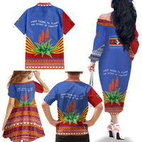 Eswatini Aloe Vera Family Matching Off The Shoulder Long Sleeve Dress and Hawaiian Shirt with Flag Print and Cultural Motif From Thorn to Flame