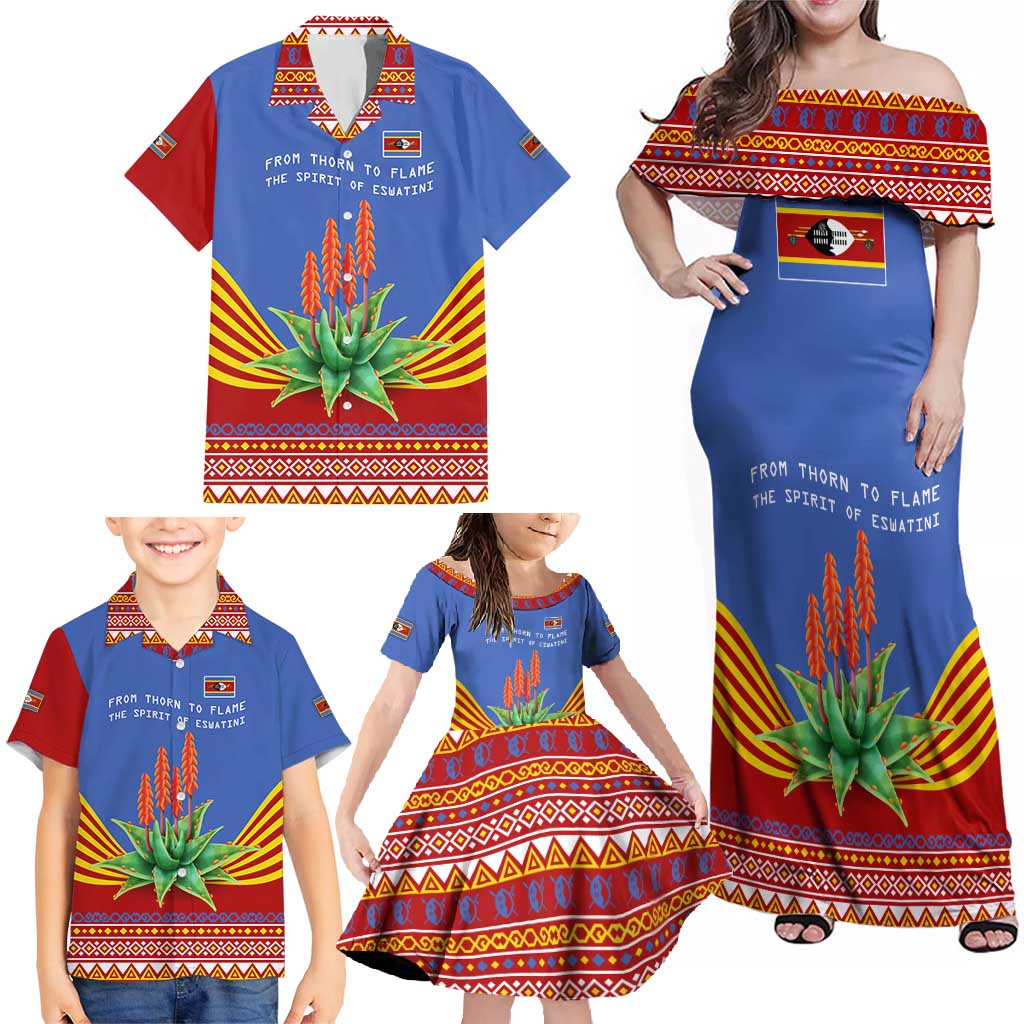 Eswatini Aloe Vera Family Matching Off Shoulder Maxi Dress and Hawaiian Shirt with Flag Print and Cultural Motif From Thorn to Flame