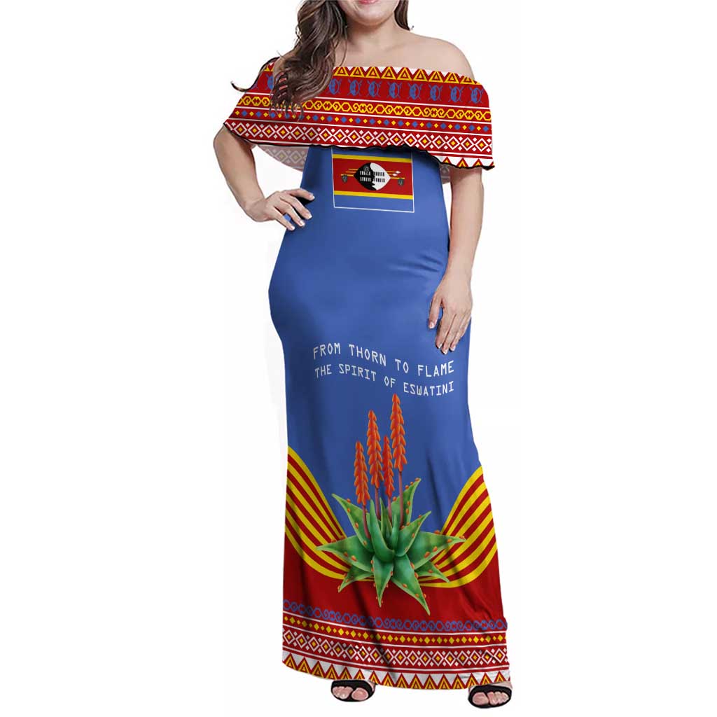 Eswatini Aloe Vera Family Matching Off Shoulder Maxi Dress and Hawaiian Shirt with Flag Print and Cultural Motif From Thorn to Flame