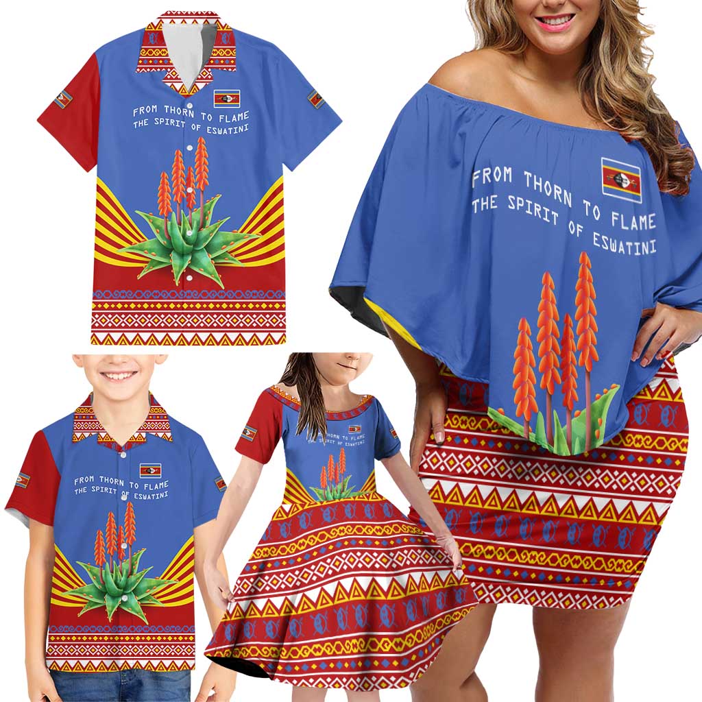 Eswatini Aloe Vera Family Matching Off Shoulder Short Dress and Hawaiian Shirt with Flag Print and Cultural Motif From Thorn to Flame