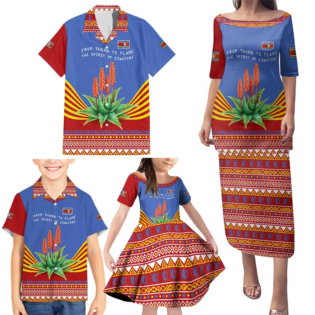 Eswatini Aloe Vera Family Matching Puletasi and Hawaiian Shirt with Flag Print and Cultural Motif From Thorn to Flame
