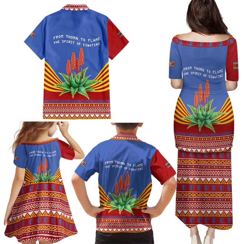 Eswatini Aloe Vera Family Matching Puletasi and Hawaiian Shirt with Flag Print and Cultural Motif From Thorn to Flame