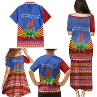 Eswatini Aloe Vera Family Matching Puletasi and Hawaiian Shirt with Flag Print and Cultural Motif From Thorn to Flame