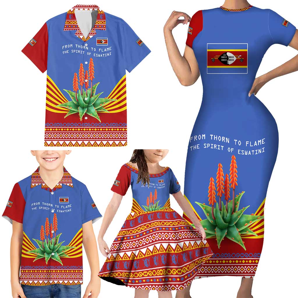 Eswatini Aloe Vera Family Matching Short Sleeve Bodycon Dress and Hawaiian Shirt with Flag Print and Cultural Motif From Thorn to Flame