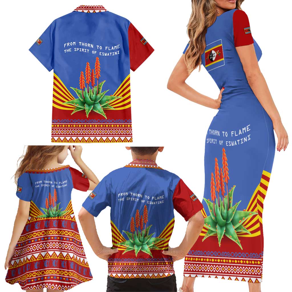 Eswatini Aloe Vera Family Matching Short Sleeve Bodycon Dress and Hawaiian Shirt with Flag Print and Cultural Motif From Thorn to Flame