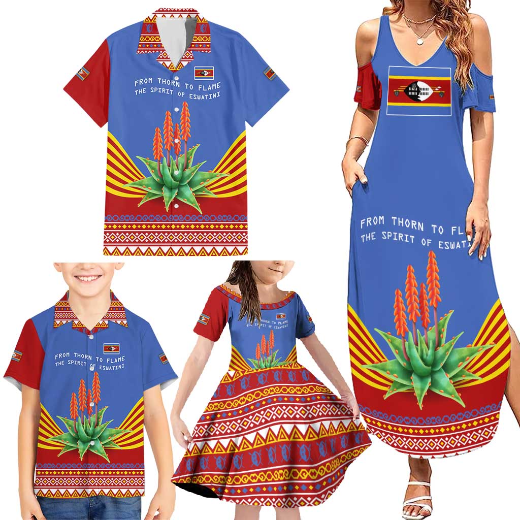 Eswatini Aloe Vera Family Matching Summer Maxi Dress and Hawaiian Shirt with Flag Print and Cultural Motif From Thorn to Flame