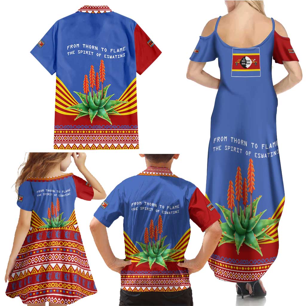 Eswatini Aloe Vera Family Matching Summer Maxi Dress and Hawaiian Shirt with Flag Print and Cultural Motif From Thorn to Flame