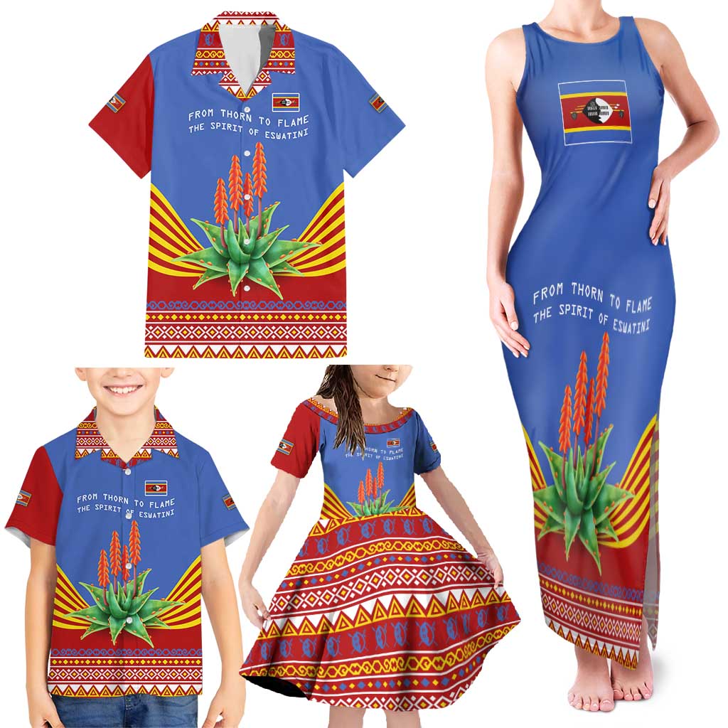 Eswatini Aloe Vera Family Matching Tank Maxi Dress and Hawaiian Shirt with Flag Print and Cultural Motif From Thorn to Flame
