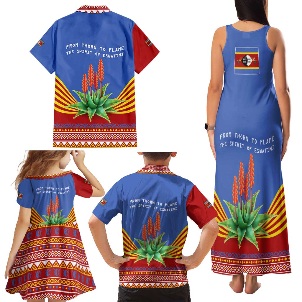 Eswatini Aloe Vera Family Matching Tank Maxi Dress and Hawaiian Shirt with Flag Print and Cultural Motif From Thorn to Flame