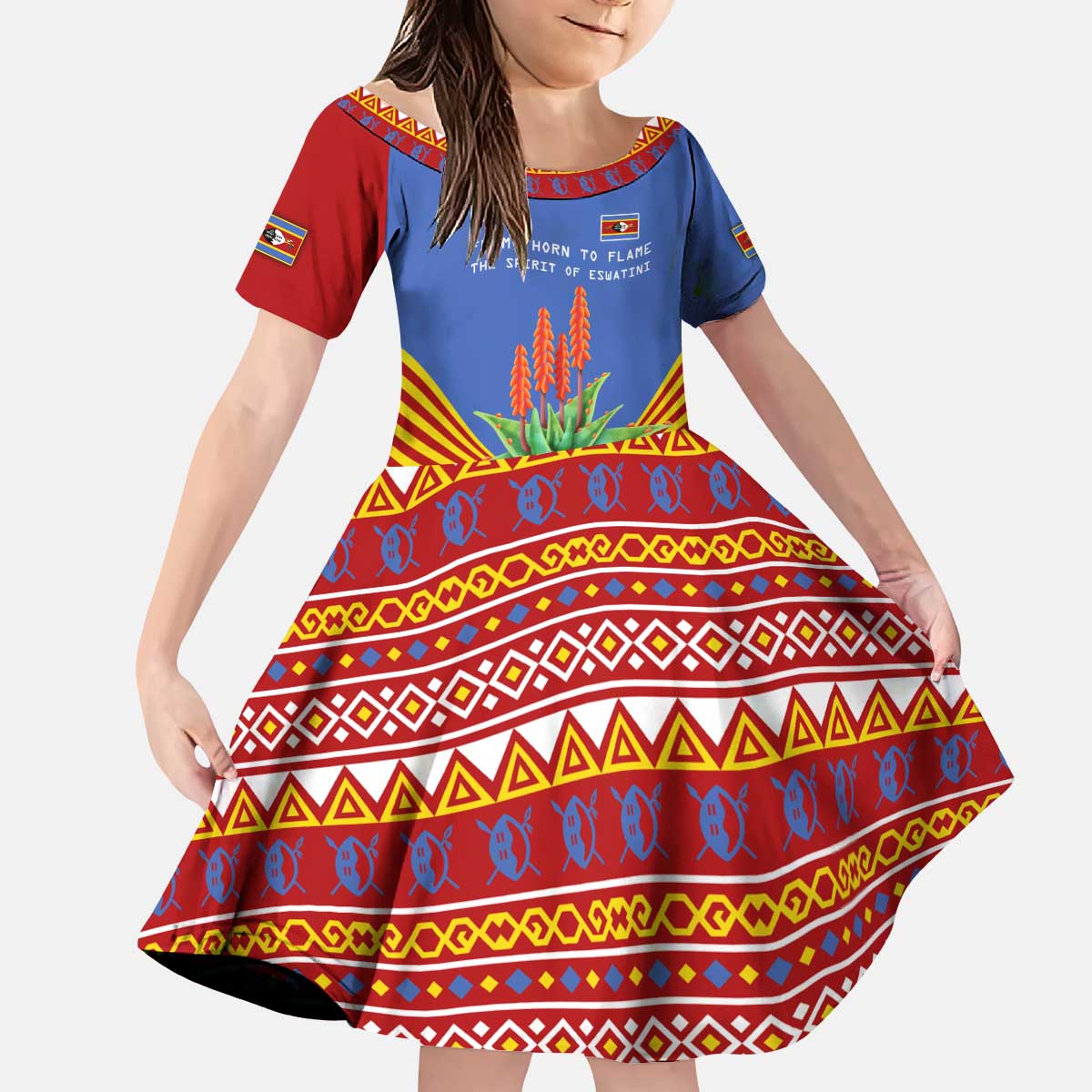 Eswatini Aloe Vera Kid Short Sleeve Dress with Flag Print and Cultural Motif From Thorn to Flame