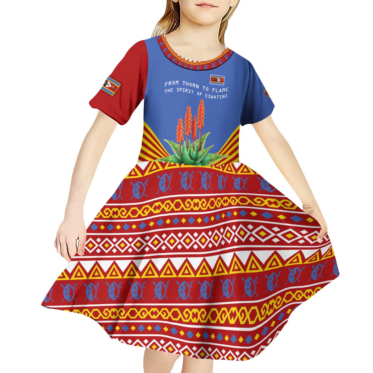 Eswatini Aloe Vera Kid Short Sleeve Dress with Flag Print and Cultural Motif From Thorn to Flame