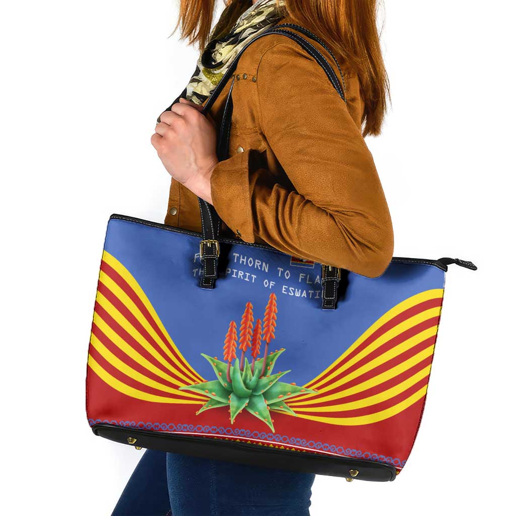Eswatini Aloe Vera Leather Tote Bag with Flag Print and Cultural Motif From Thorn to Flame