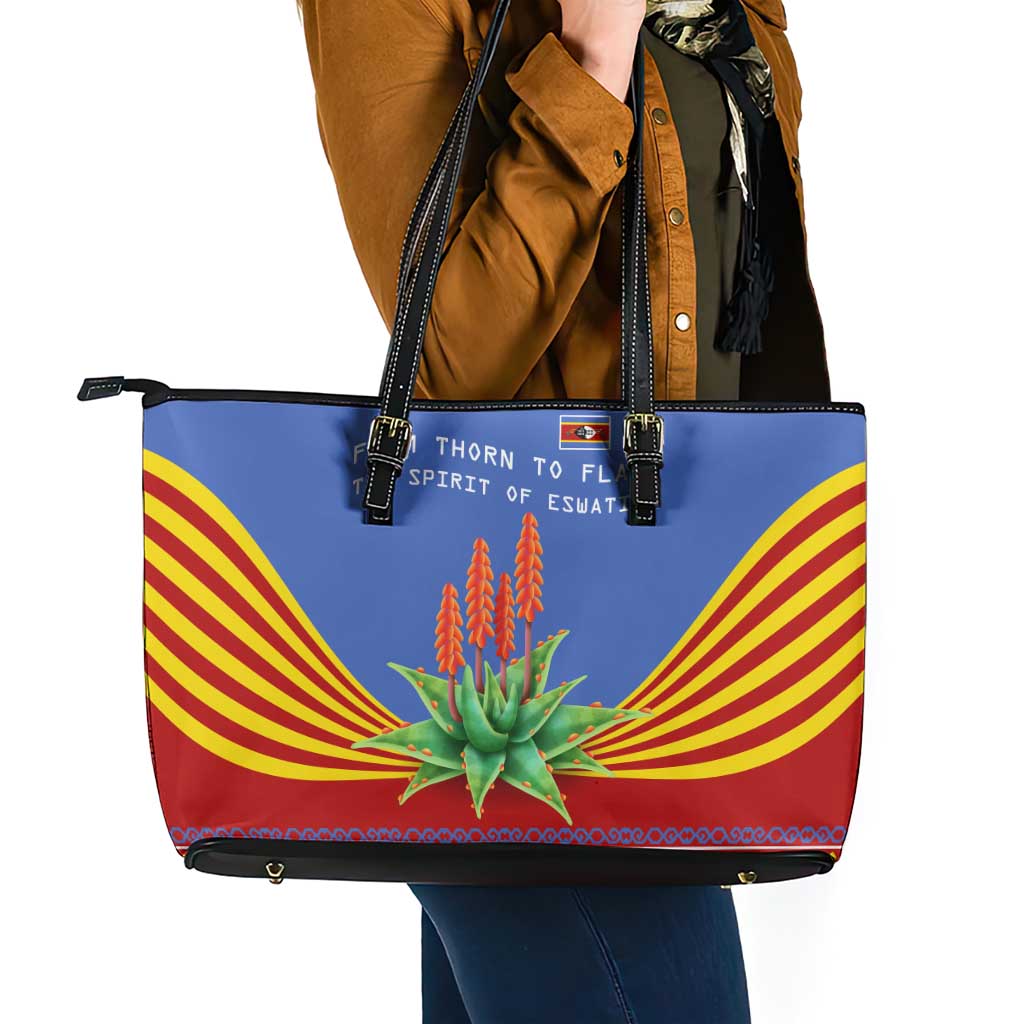 Eswatini Aloe Vera Leather Tote Bag with Flag Print and Cultural Motif From Thorn to Flame