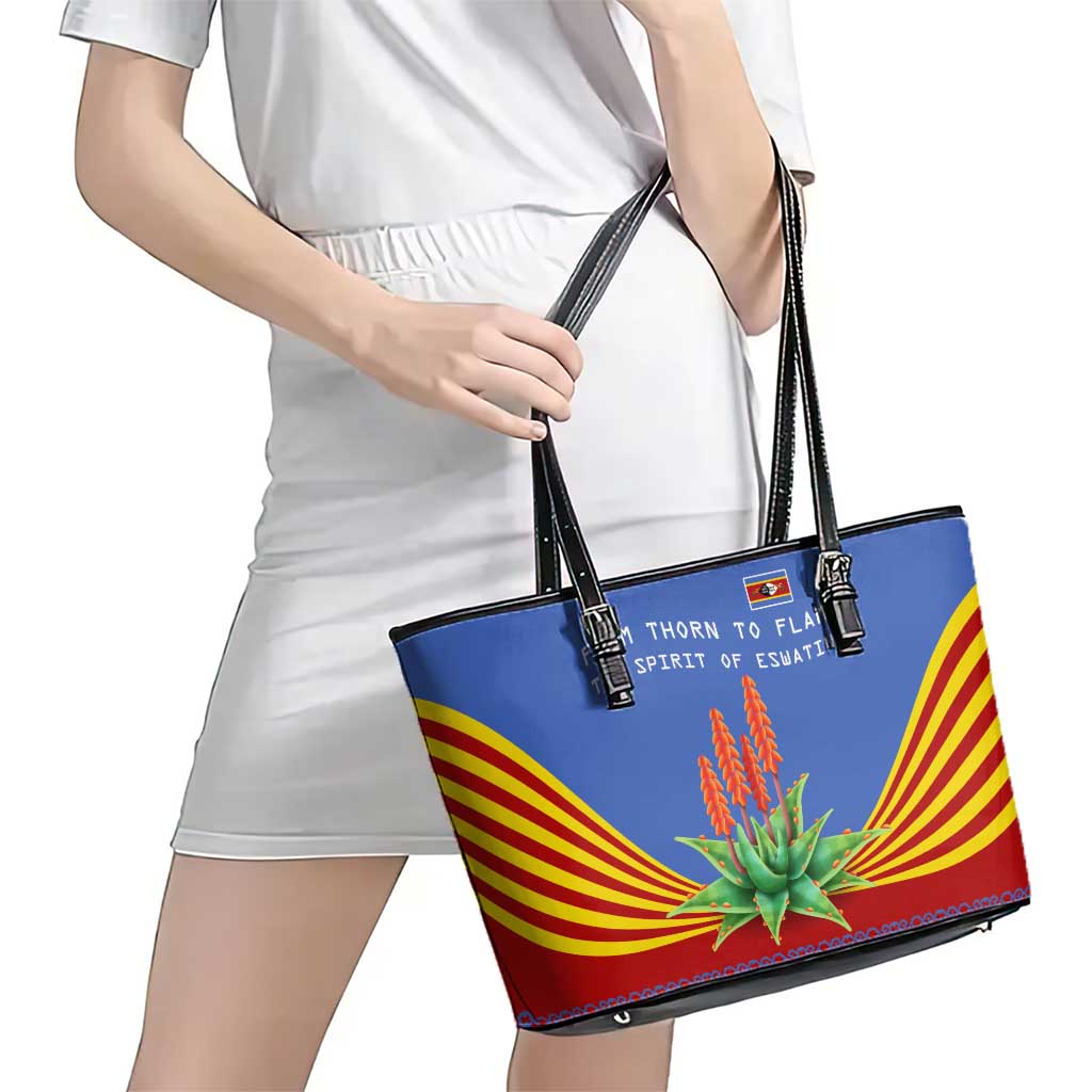 Eswatini Aloe Vera Leather Tote Bag with Flag Print and Cultural Motif From Thorn to Flame