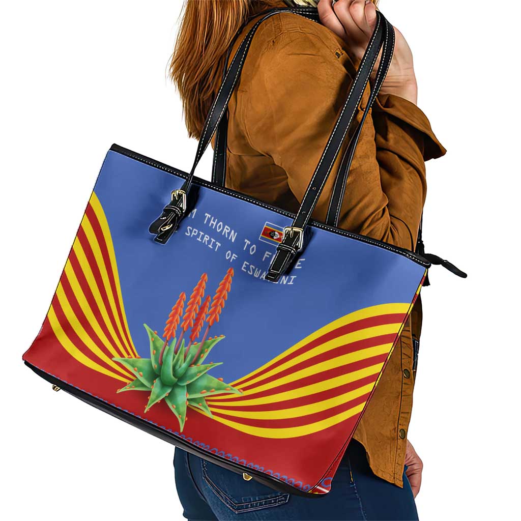 Eswatini Aloe Vera Leather Tote Bag with Flag Print and Cultural Motif From Thorn to Flame