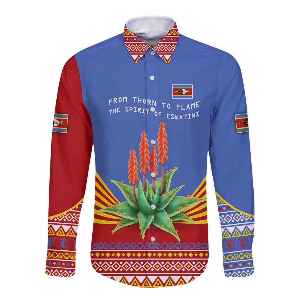 Eswatini Aloe Vera Long Sleeve Button Shirt with Flag Print and Cultural Motif From Thorn to Flame