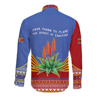 Eswatini Aloe Vera Long Sleeve Button Shirt with Flag Print and Cultural Motif From Thorn to Flame